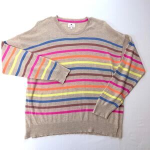 SUNDRY Women's L 3 Beige Multi-Color Stripe Crewneck Sweater Raw Hem Pullover